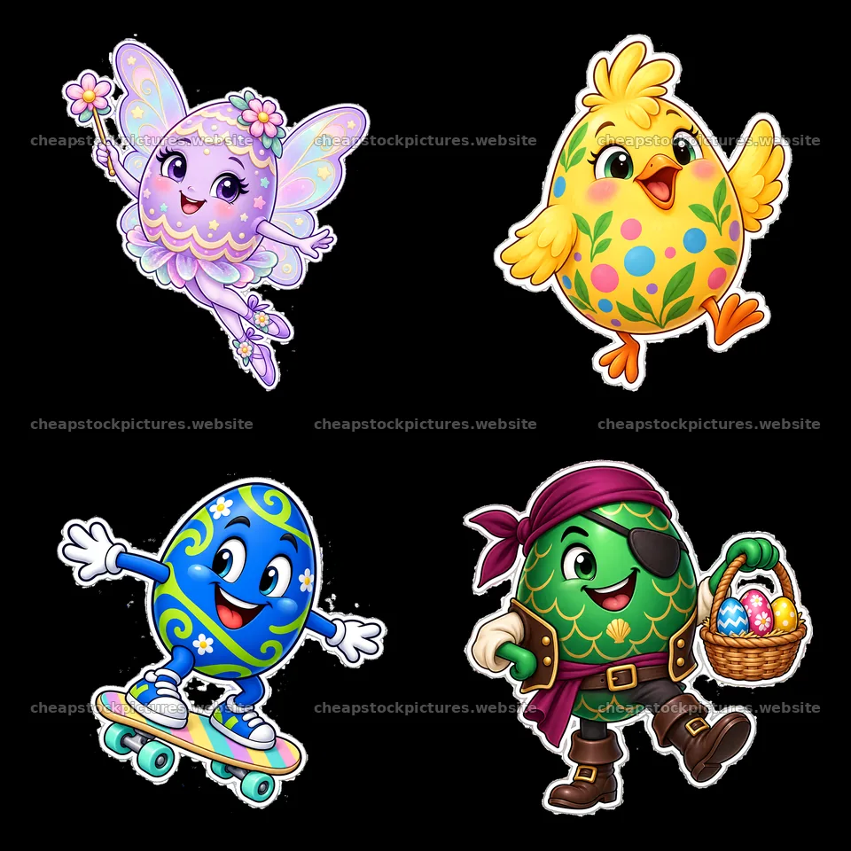 Colorful Easter characters with eggs and festive themes – stock pictures 7746x7746