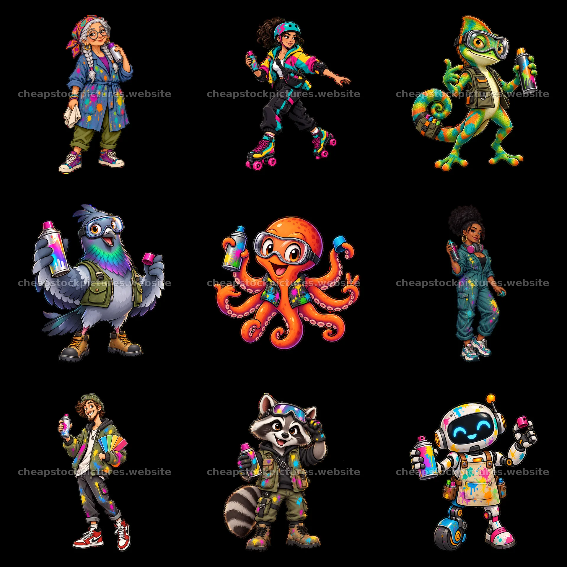 Colorful graffiti sprayers in a 3x3 layout of cartoon characters – stock pictures 7746x7746