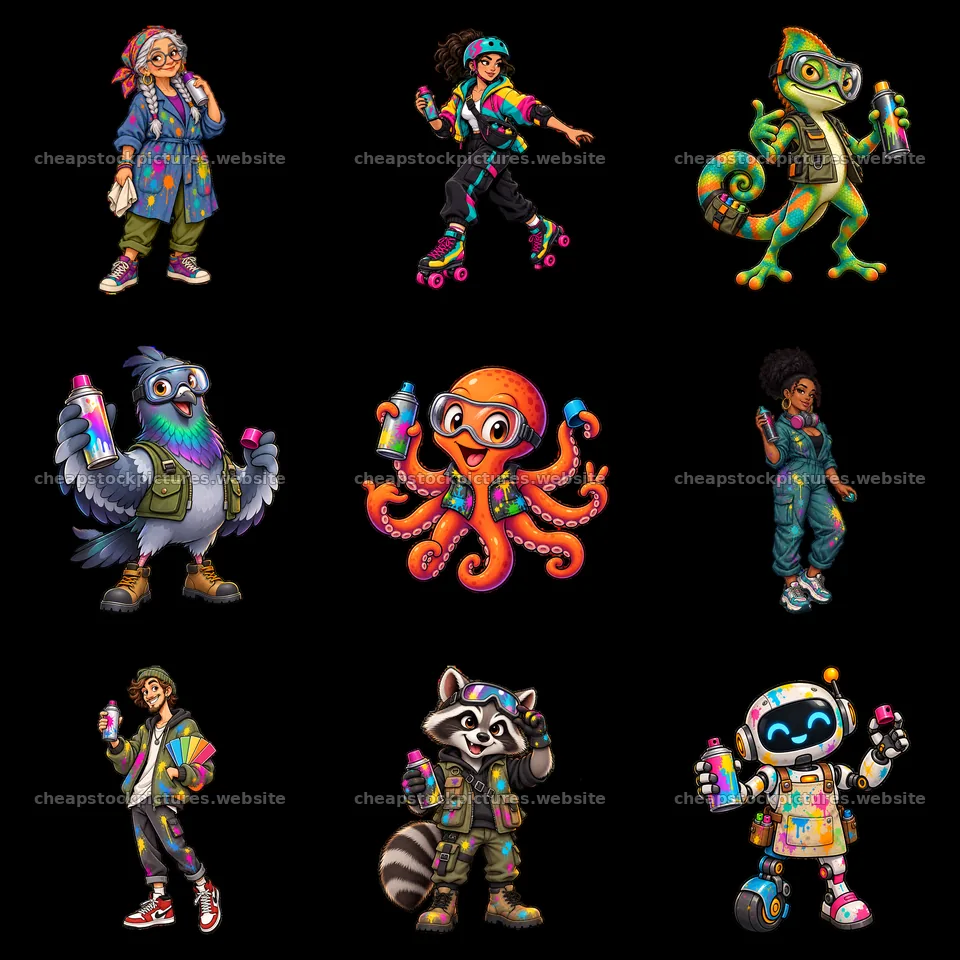 Colorful graffiti sprayers in a 3x3 layout of cartoon characters – stock pictures 7746x7746