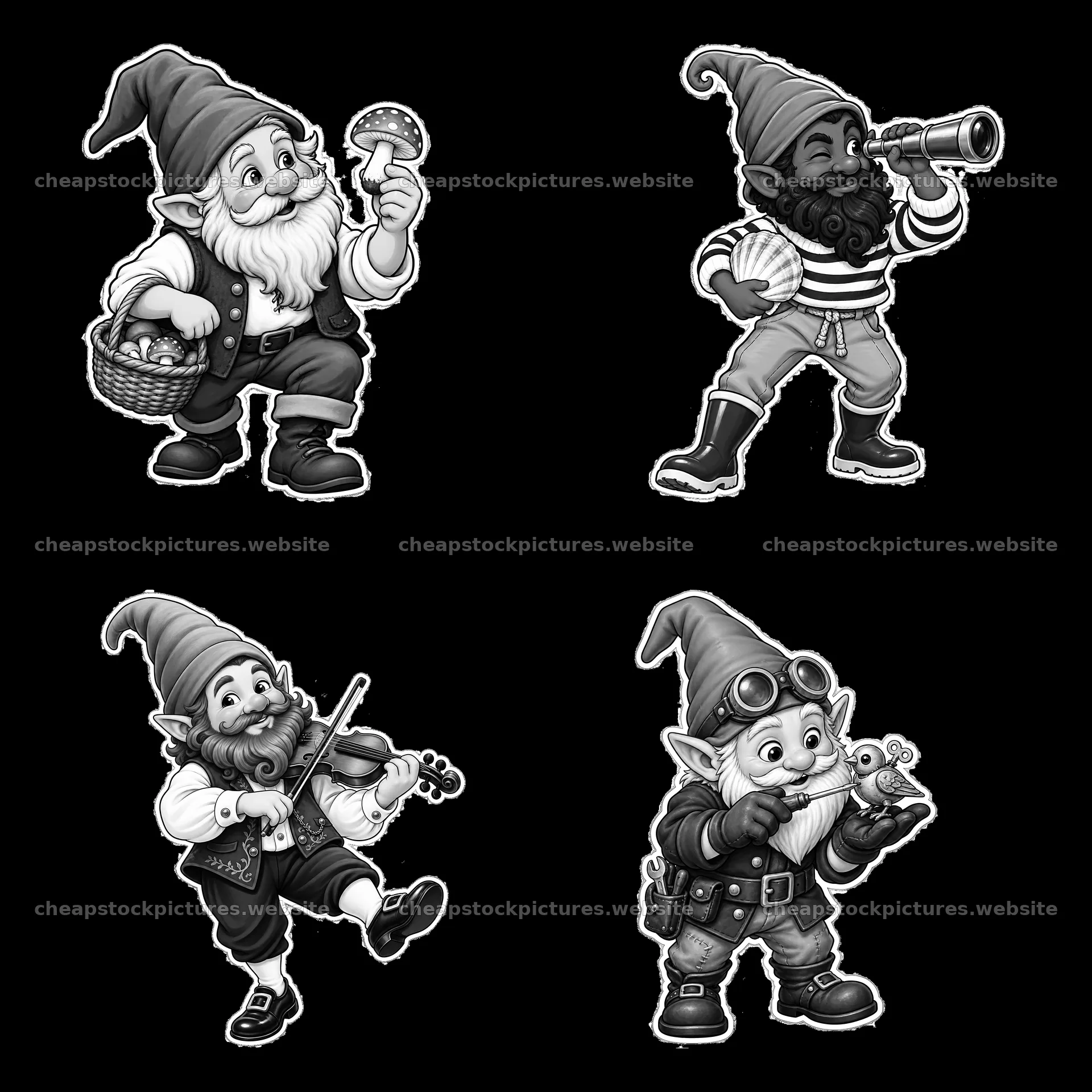 Gnomes engaging in various activities in a monochrome style – stock pictures 7746x7746