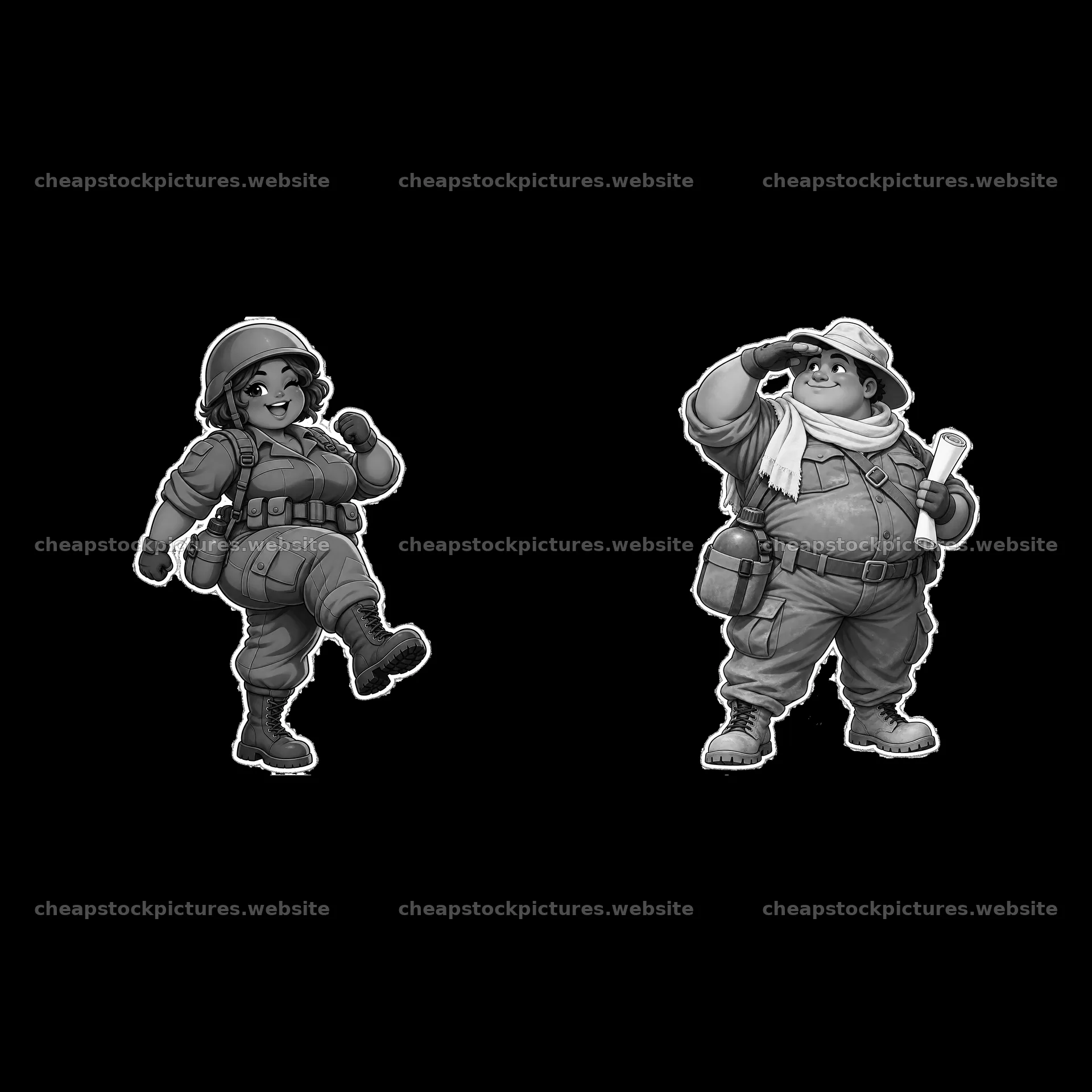 Cute ultra-chubby soldier characters in dynamic poses – stock pictures 7746x7746
