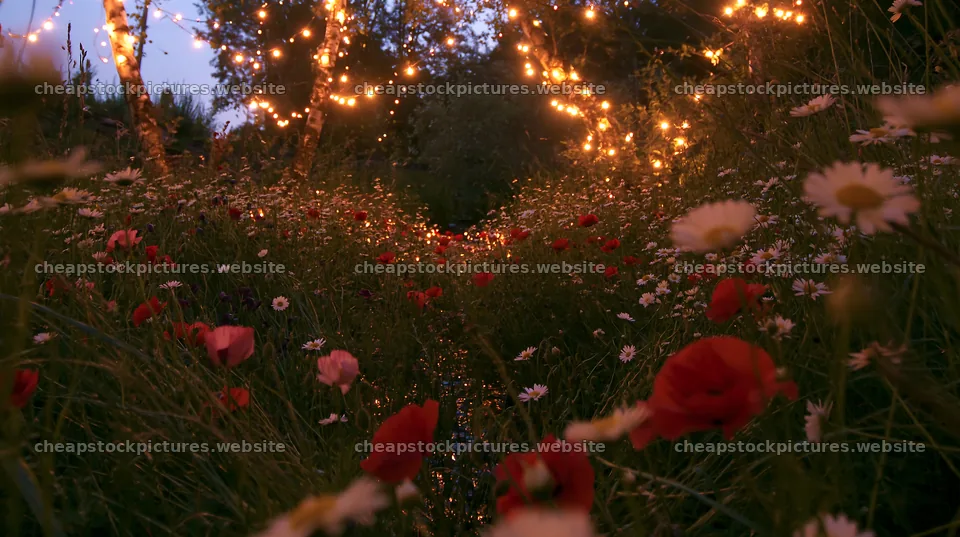 Christmas lights above stream in meadow at night – stock pictures 10608x5938
