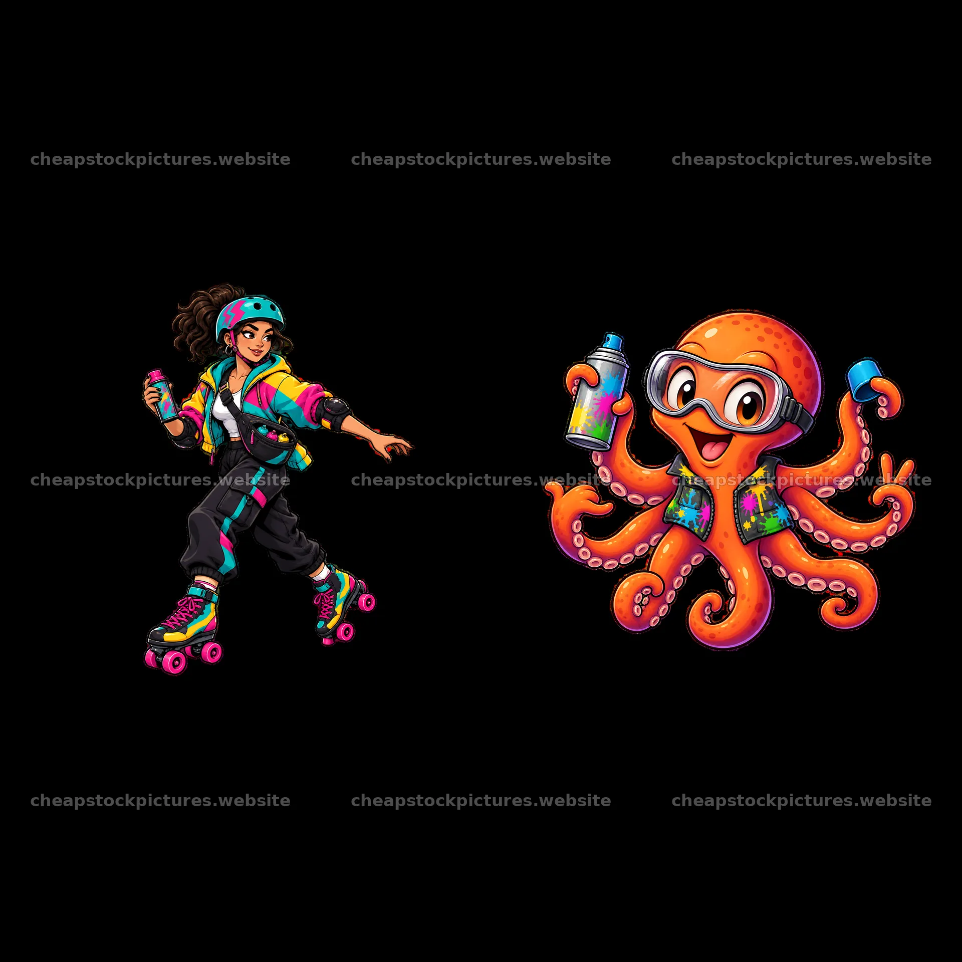 Graffiti sprayer character on roller skates with colorful octopus – stock pictures 7746x7746