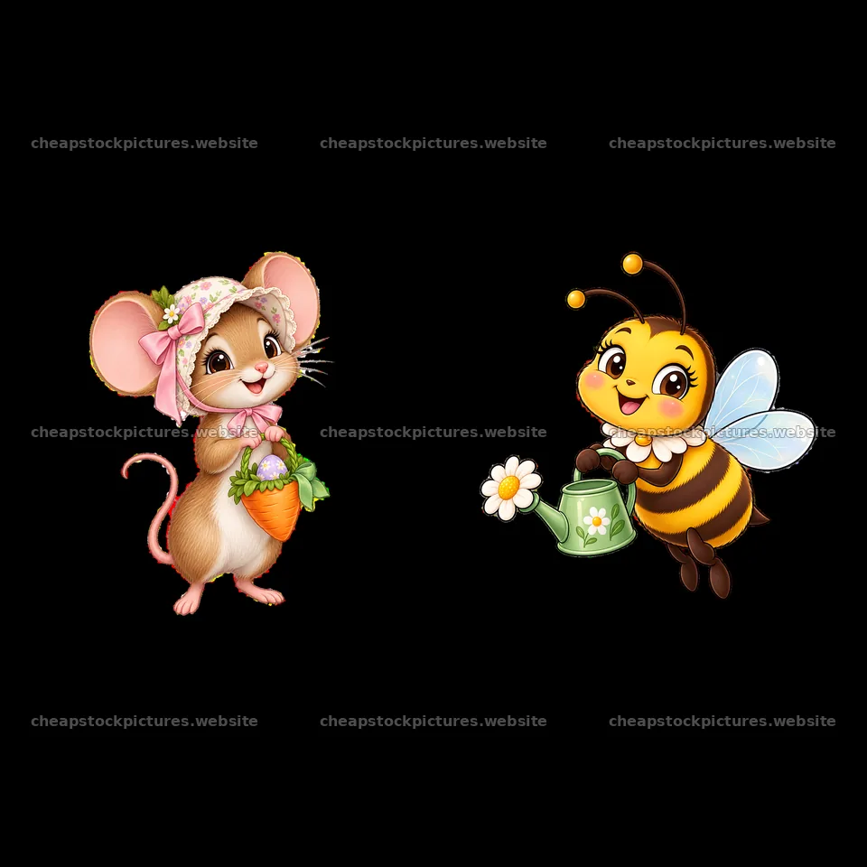 Cartoon mouse with carrot and bee watering flowers – stock pictures 7746x7746