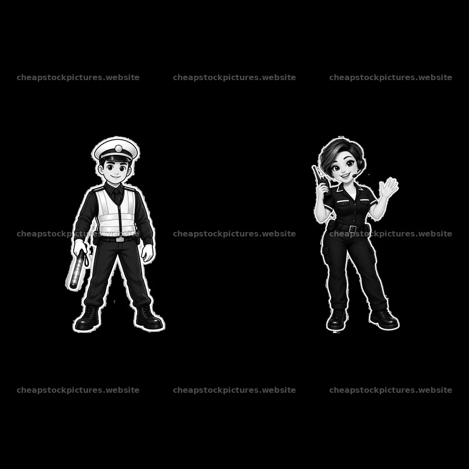 Cartoon police officers with accessories in black-and-white design – stock pictures 7746x7746