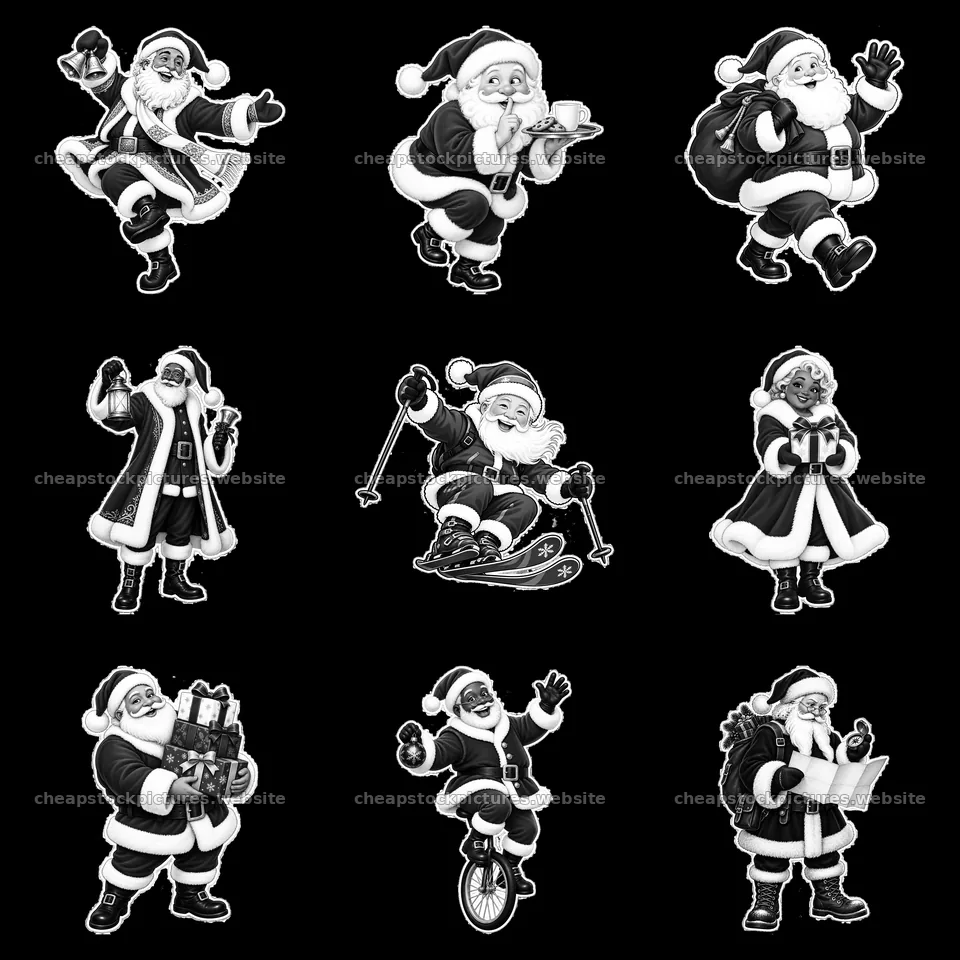 Santa Claus in various festive activities in black-and-white design – stock pictures 7746x7746