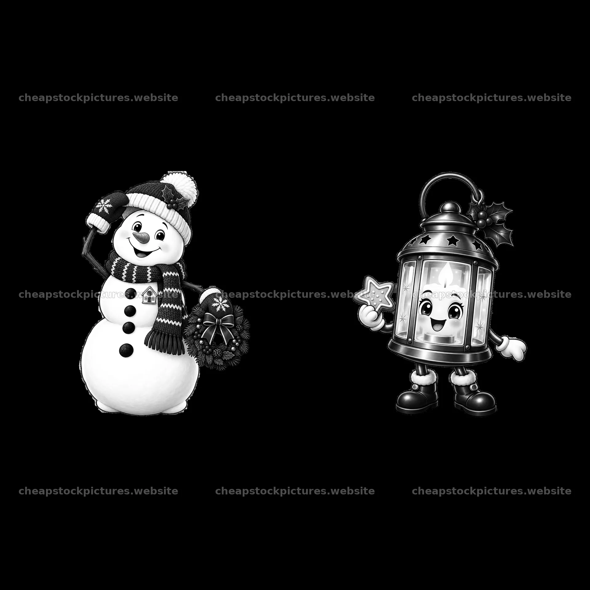 Snowman and lantern character celebrating Christmas together – stock pictures 7746x7746