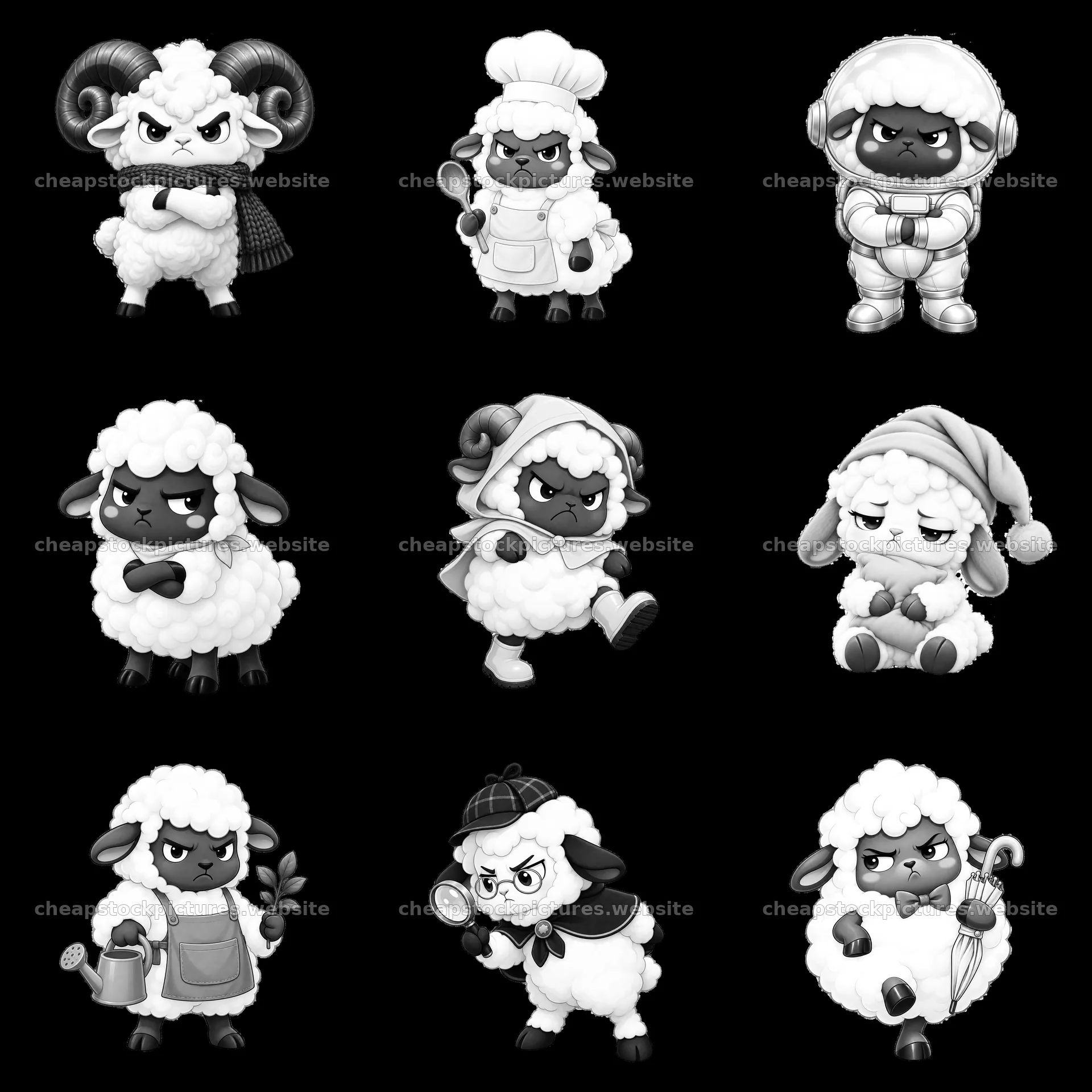 Kawaii grumpy sheep in different costumes and poses – stock pictures 7746x7746
