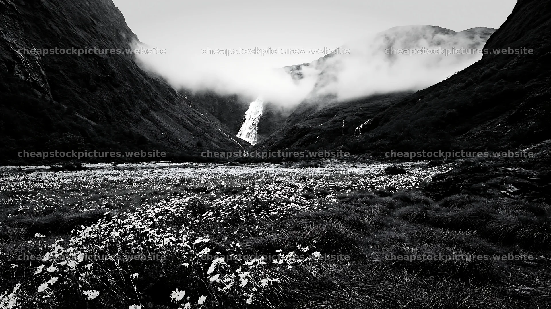 Misty mountain waterfall in a meadow with wildflowers – stock pictures 10608x5938