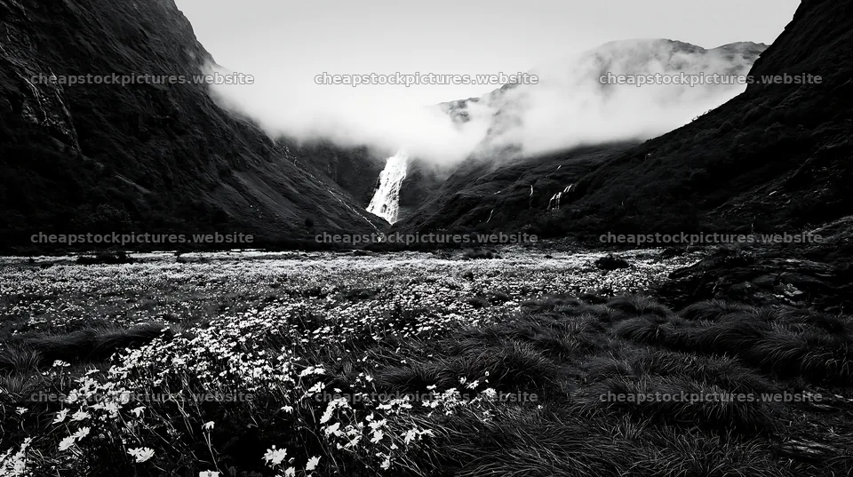 Misty mountain waterfall in a meadow with wildflowers – stock pictures 10608x5938