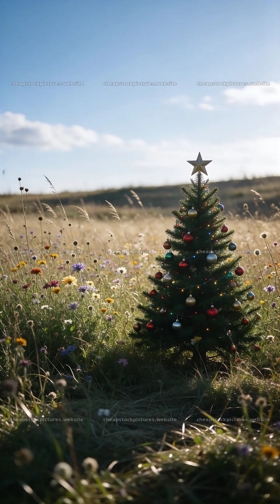 Vibrant Christmas tree in a winter meadow with wildflowers – stock pictures 5916x10648