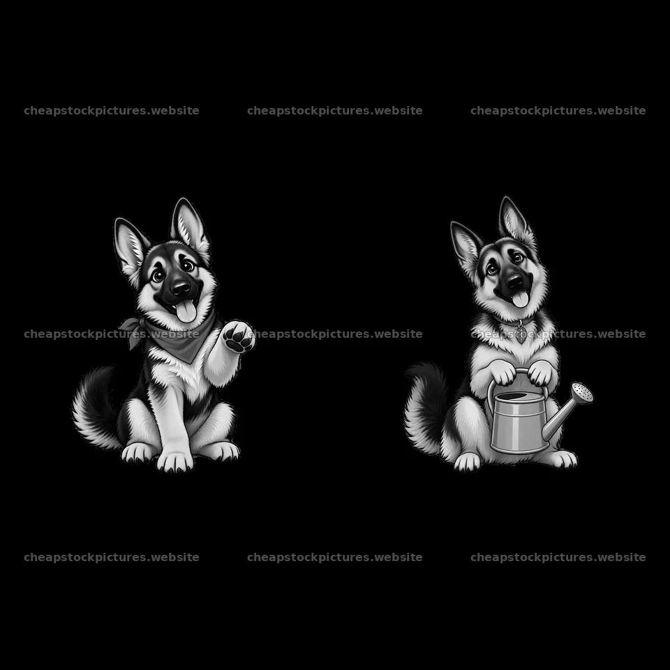 Two playful German Shepherd dogs with accessories – stock pictures 7746x7746