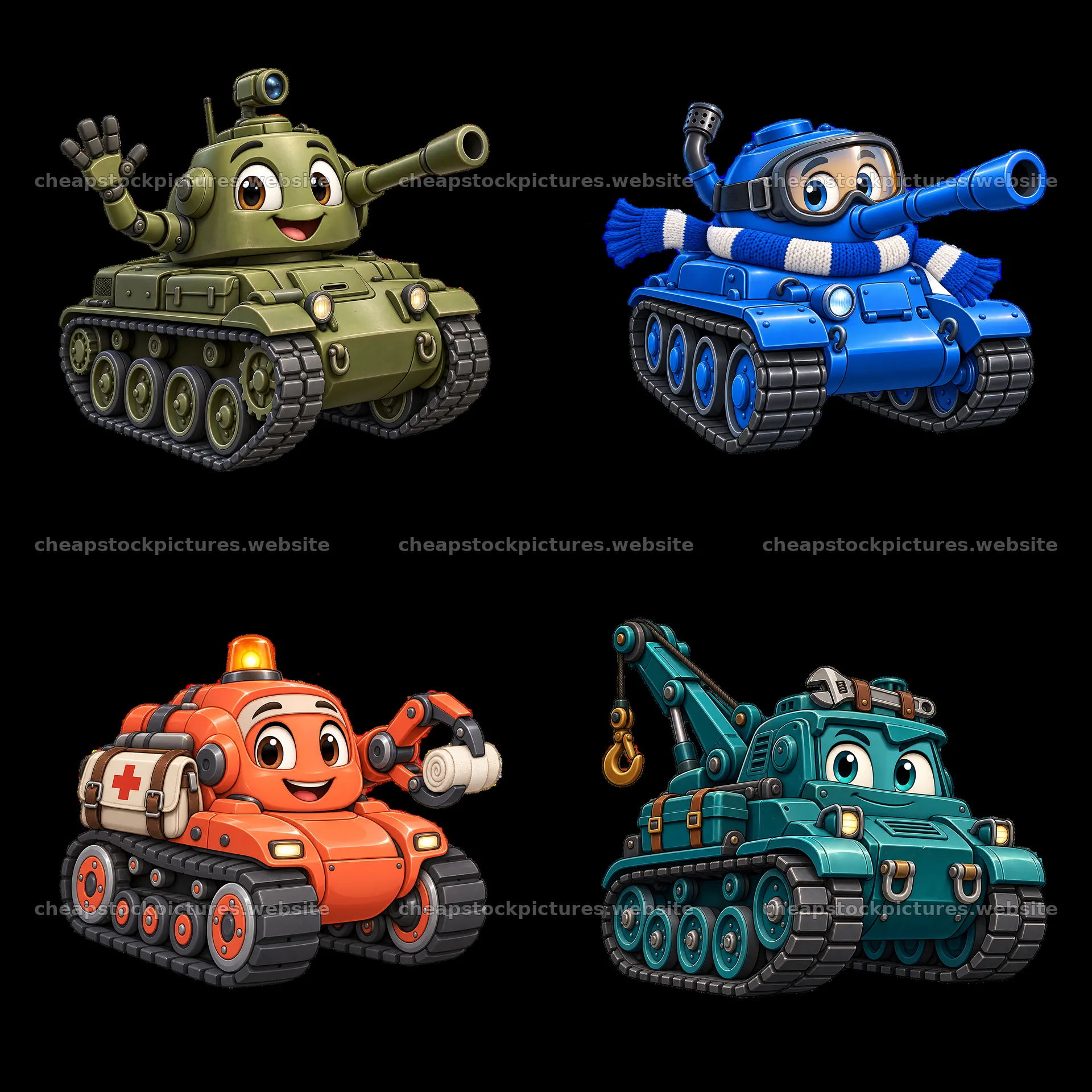 Cartoon tank characters in a colorful 2x2 layout – stock pictures 7746x7746