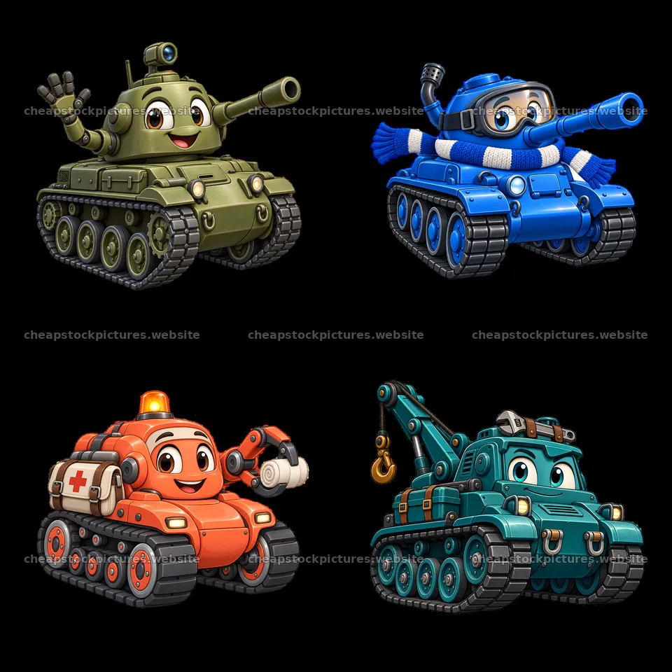 Cartoon tank characters in a colorful 2x2 layout – stock pictures 7746x7746