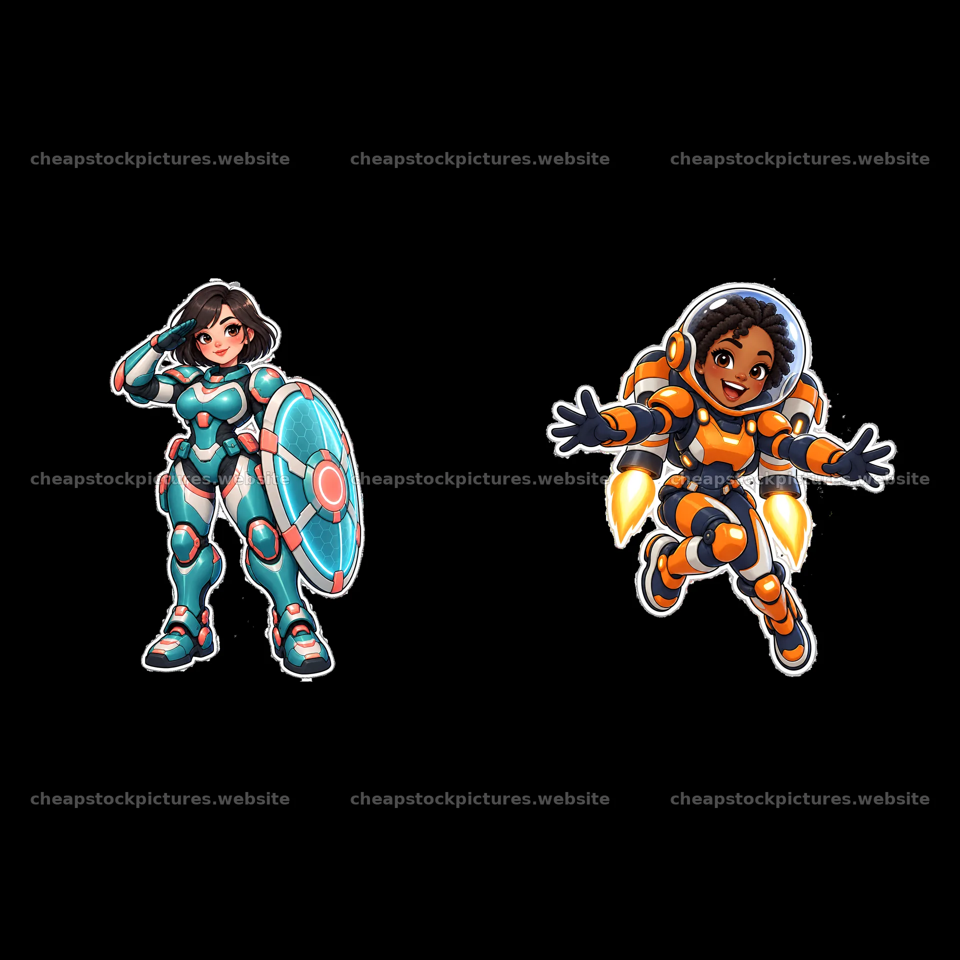 Kawaii futuristic super-soldier duo with shield and jetpack – stock pictures 7746x7746