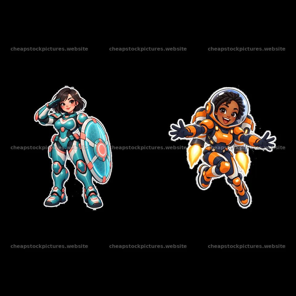 Kawaii futuristic super-soldier duo with shield and jetpack – stock pictures 7746x7746