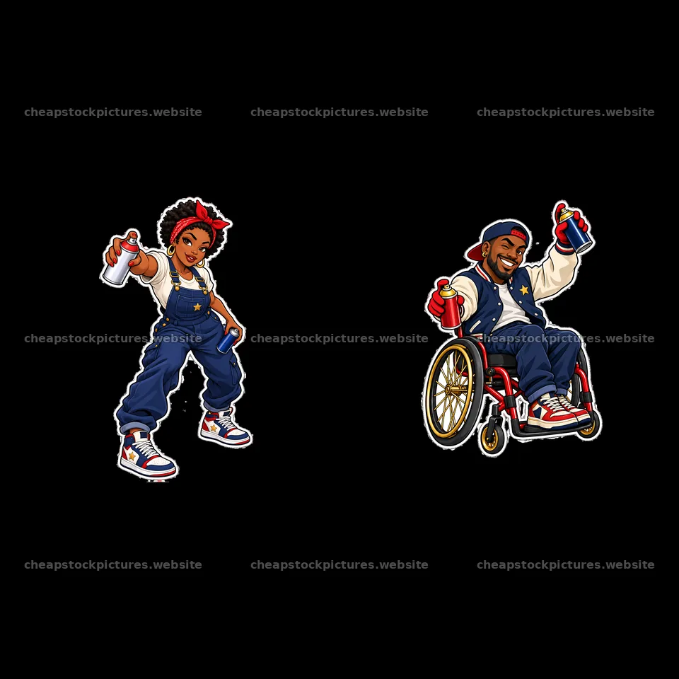 Patriotic graffiti sprayer duo with spray cans and vibrant outfits – stock pictures 7746x7746