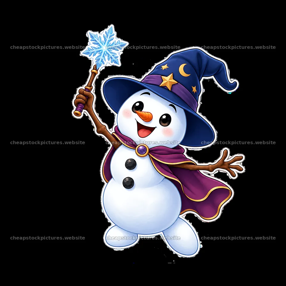 Snowman wearing a wizard hat holding a magical snowflake wand – stock pictures 7746x7746