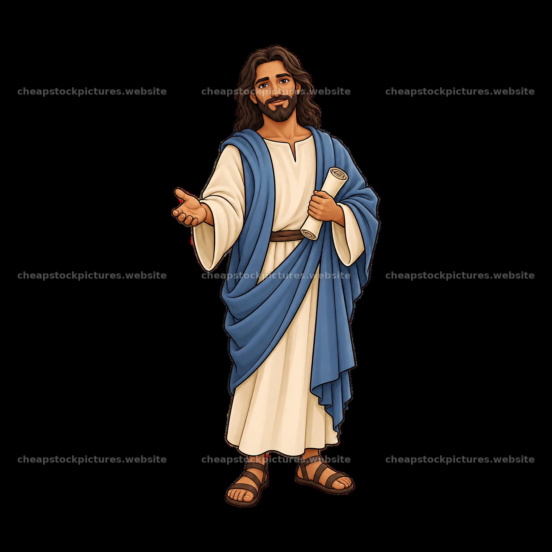 Cartoon illustration of Jesus holding a scroll and offering a hand – stock pictures 7746x7746