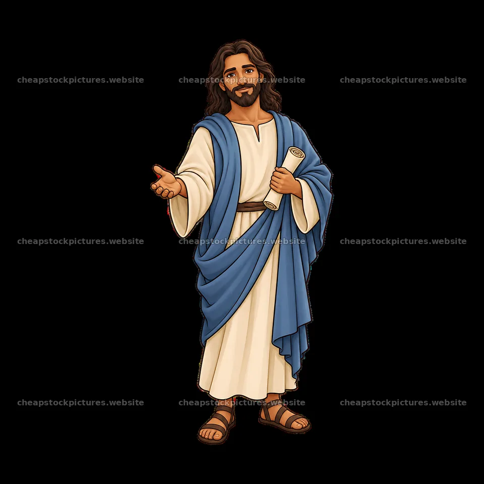 Cartoon illustration of Jesus holding a scroll and offering a hand – stock pictures 7746x7746
