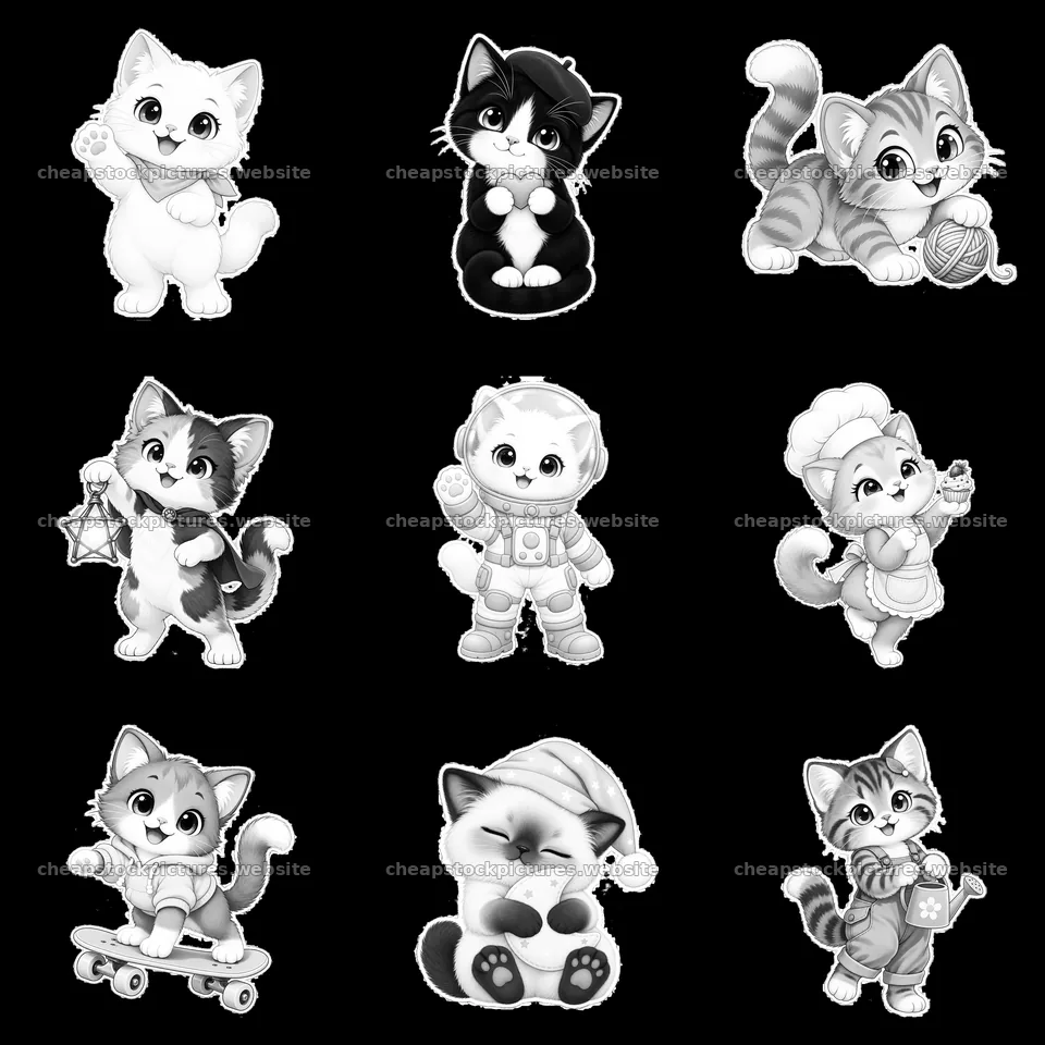 Kawaii cats in various playful activities in a 3x3 grid – stock pictures 7746x7746
