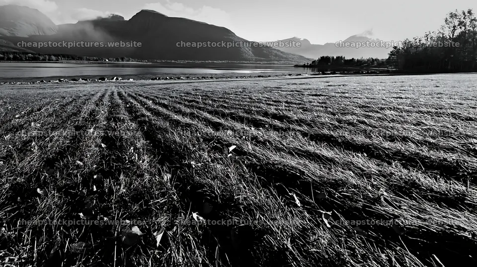 Fjord meadow with mountains and lake under cloudy skies – stock pictures 10608x5938