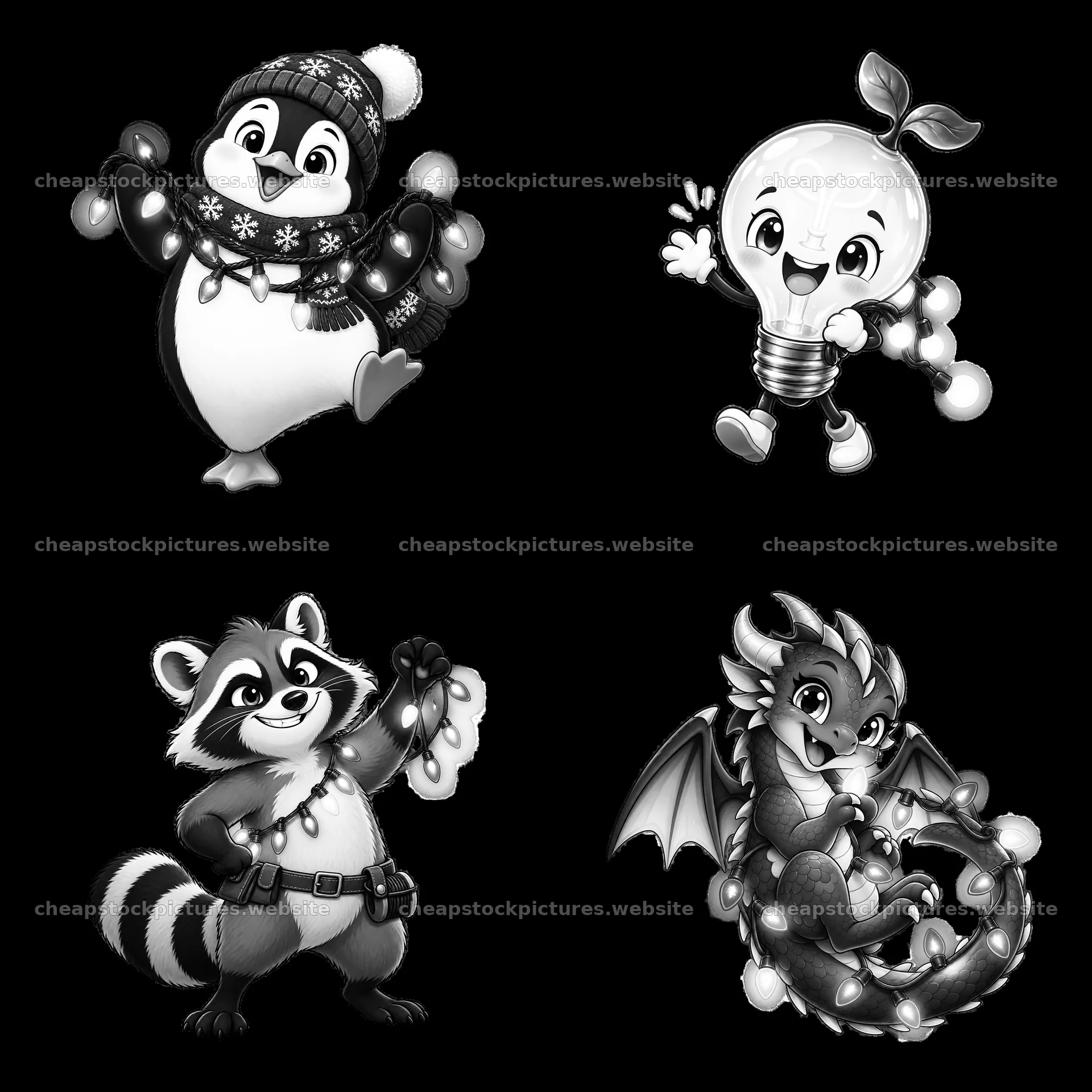 Cartoon animals holding string lights in a square arrangement – stock pictures 7746x7746