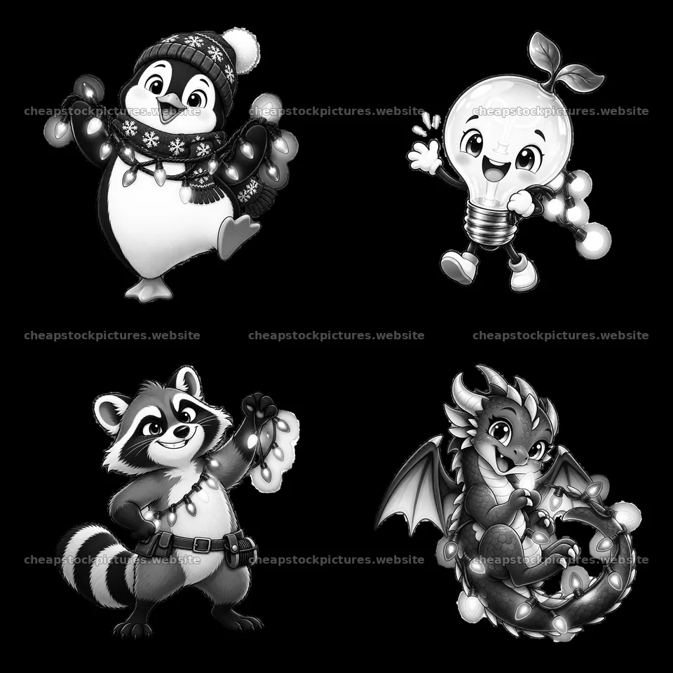Cartoon animals holding string lights in a square arrangement – stock pictures 7746x7746