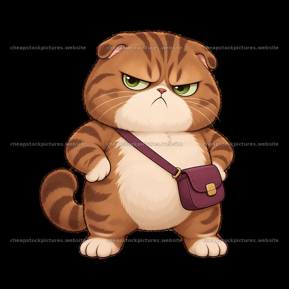 Kawaii grumpy cat with a bag appearing proud and sassy – stock pictures 7746x7746