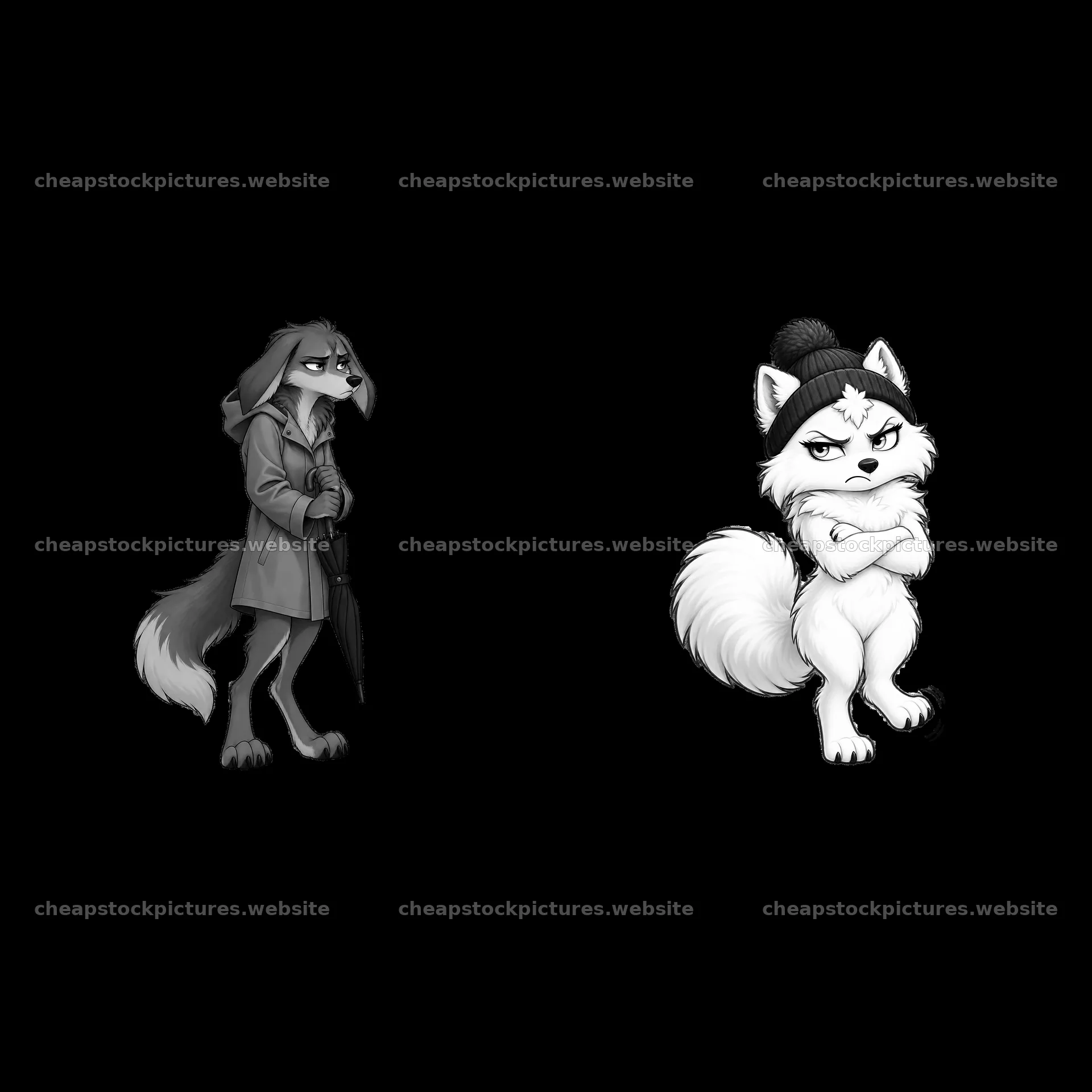 Grumpy wolf characters wearing winter hats and holding an umbrella – stock pictures 7746x7746