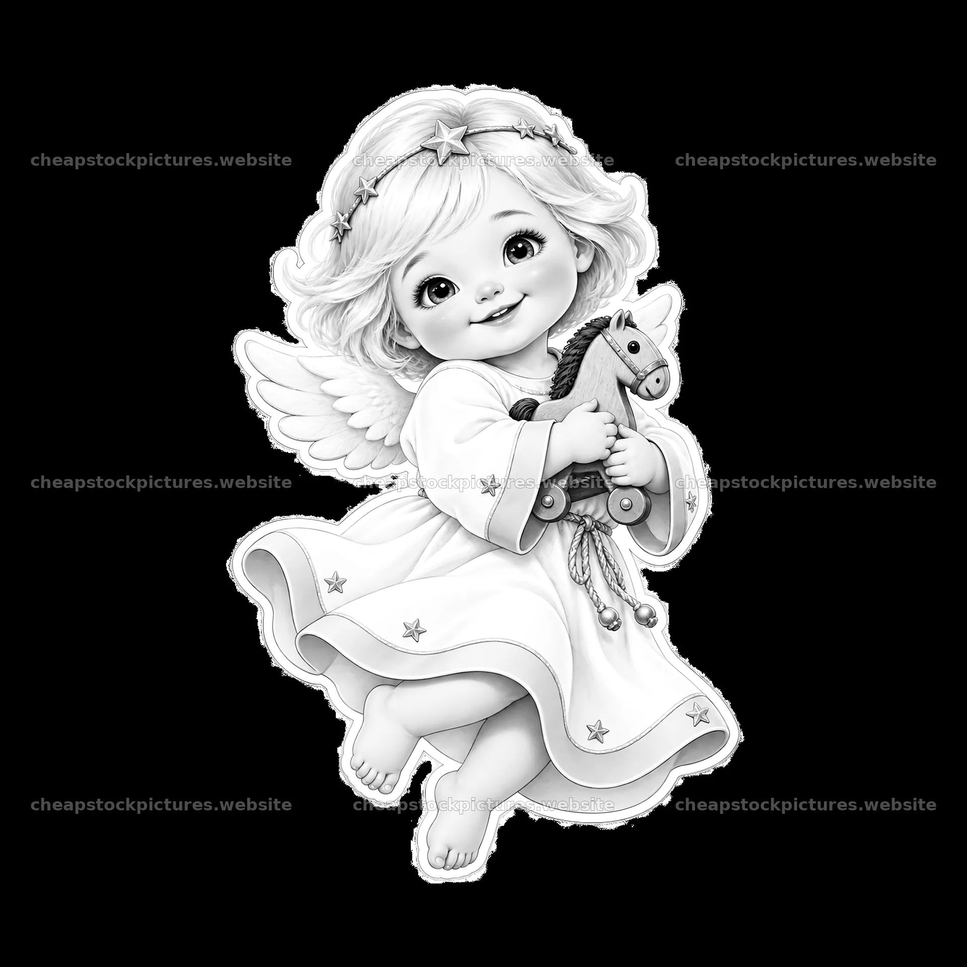 Christ Child holding a toy horse in a white dress with wings – stock pictures 7746x7746