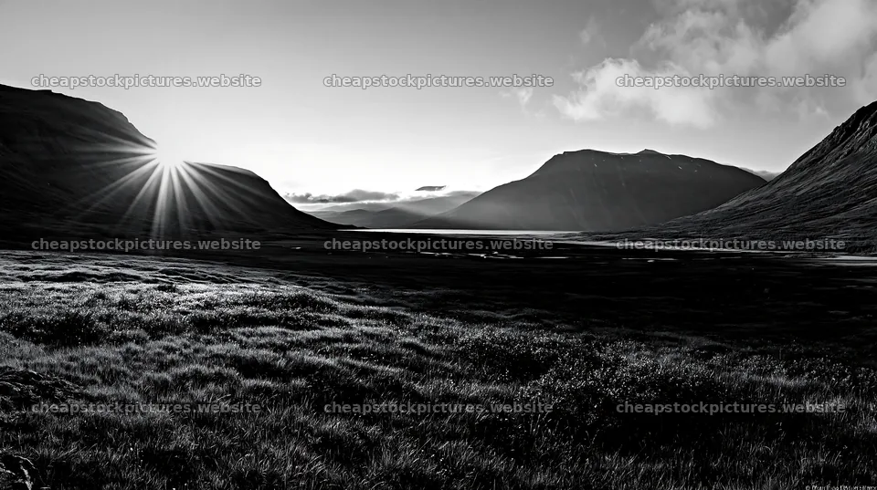 Sunbeams shining over Jotunheimen valley meadow – stock pictures 10608x5938