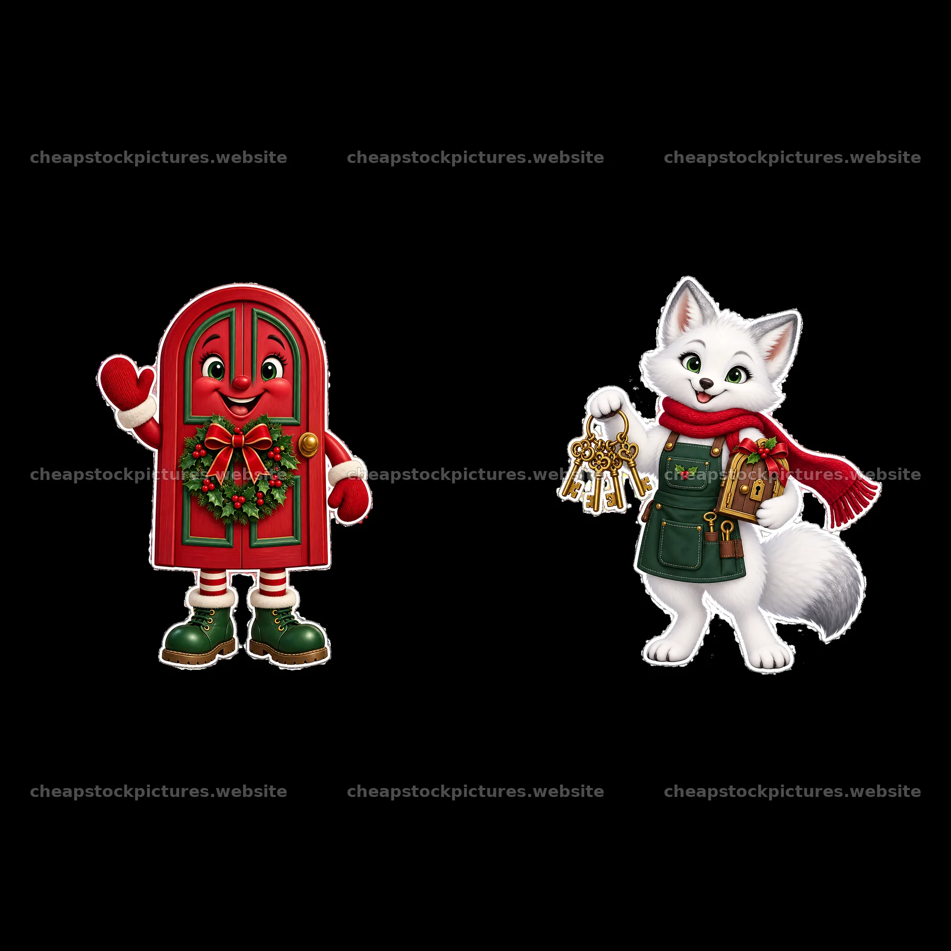 Christmas door character and fox holding keys sticker illustration – stock pictures 7746x7746