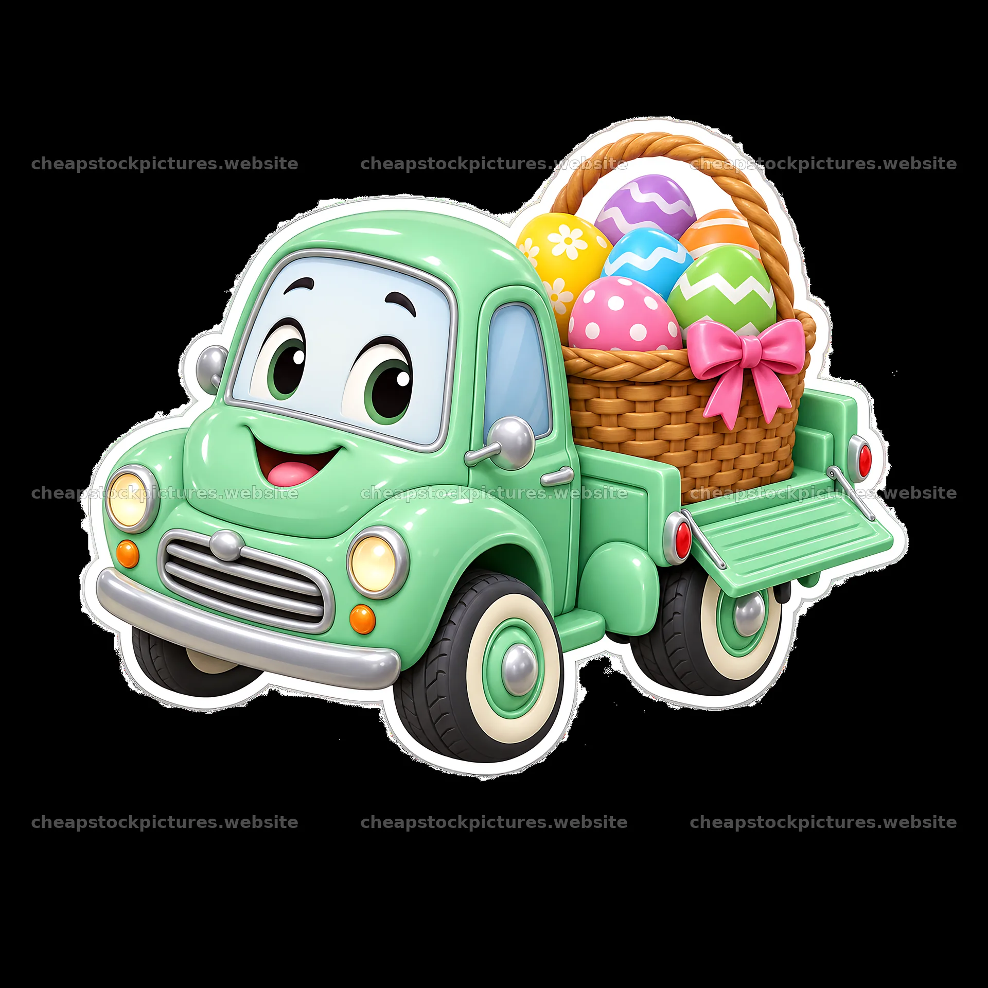 Easter-themed green truck with colorful eggs in a basket – stock pictures 7746x7746