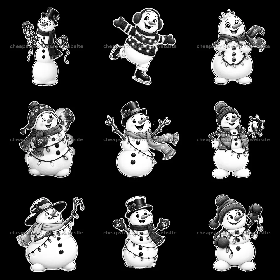 Snowmen with string lights and festive accessories in a grid – stock pictures 7746x7746