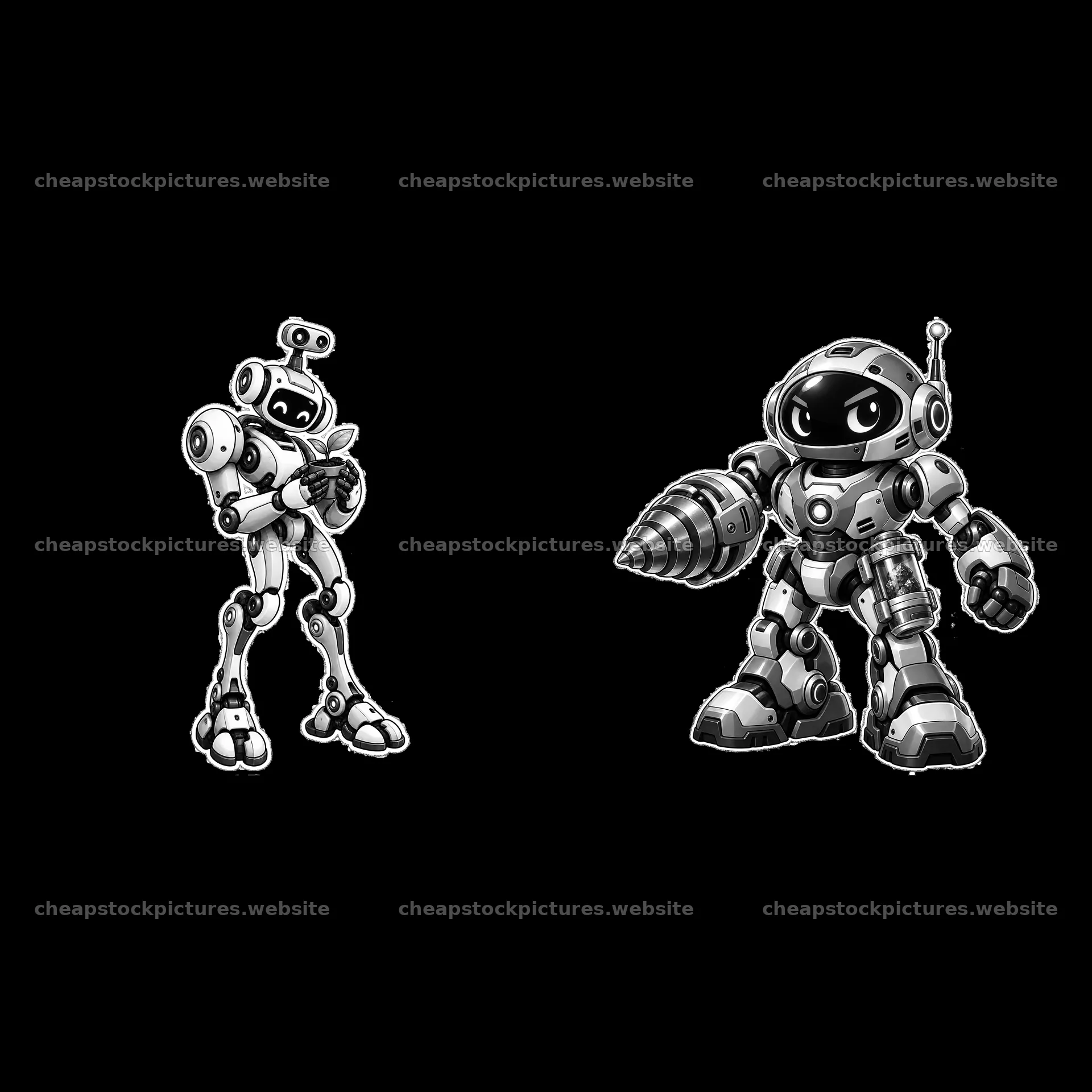 Two mech robots in black-and-white with distinct features – stock pictures 7746x7746