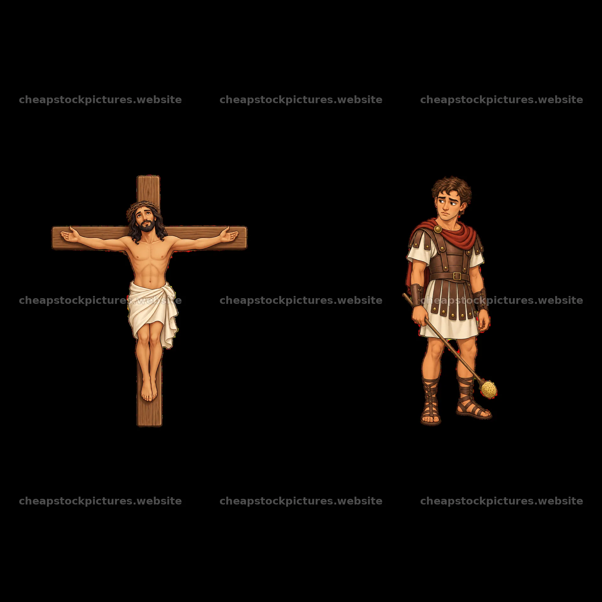 Jesus on the cross with soldier in Roman attire standing nearby – stock pictures 7746x7746