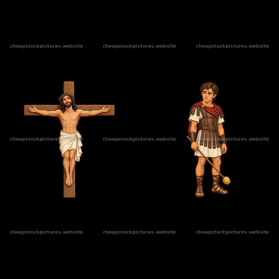 Jesus on the cross with soldier in Roman attire standing nearby – stock pictures 7746x7746