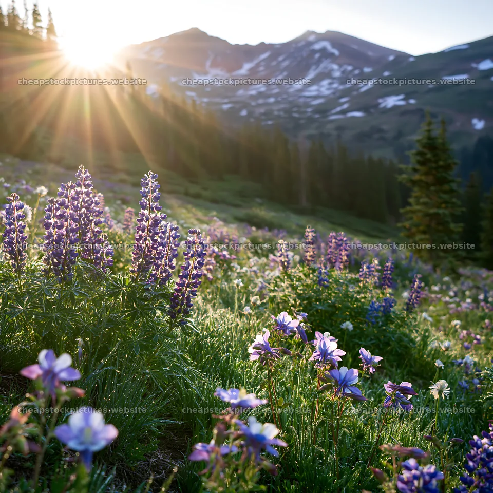 Sunrays shining on meadow with flowers and mountains – stock pictures 7938x7938