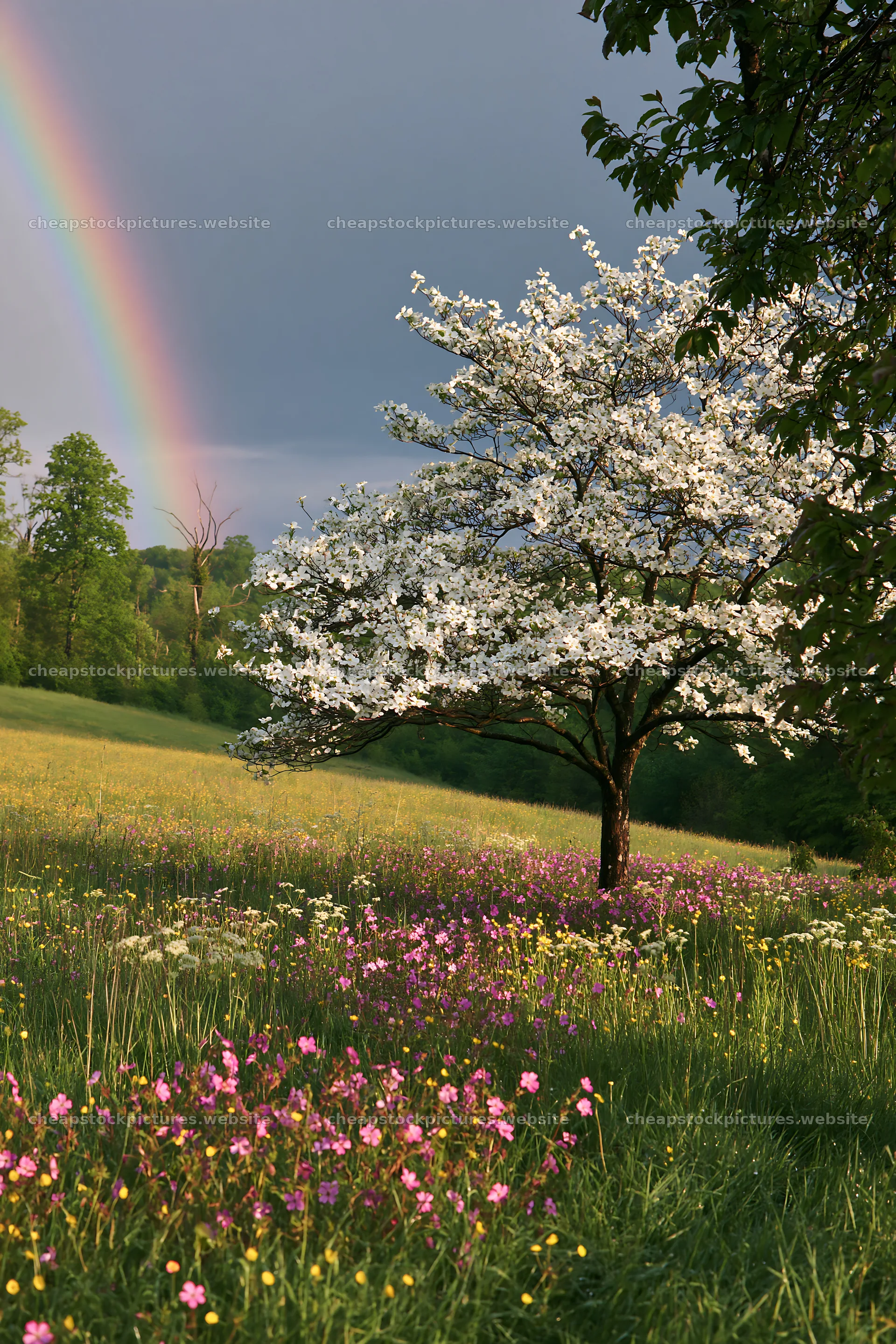 Easter tree at meadow edge with flowers and rainbow – stock pictures 6480x9722