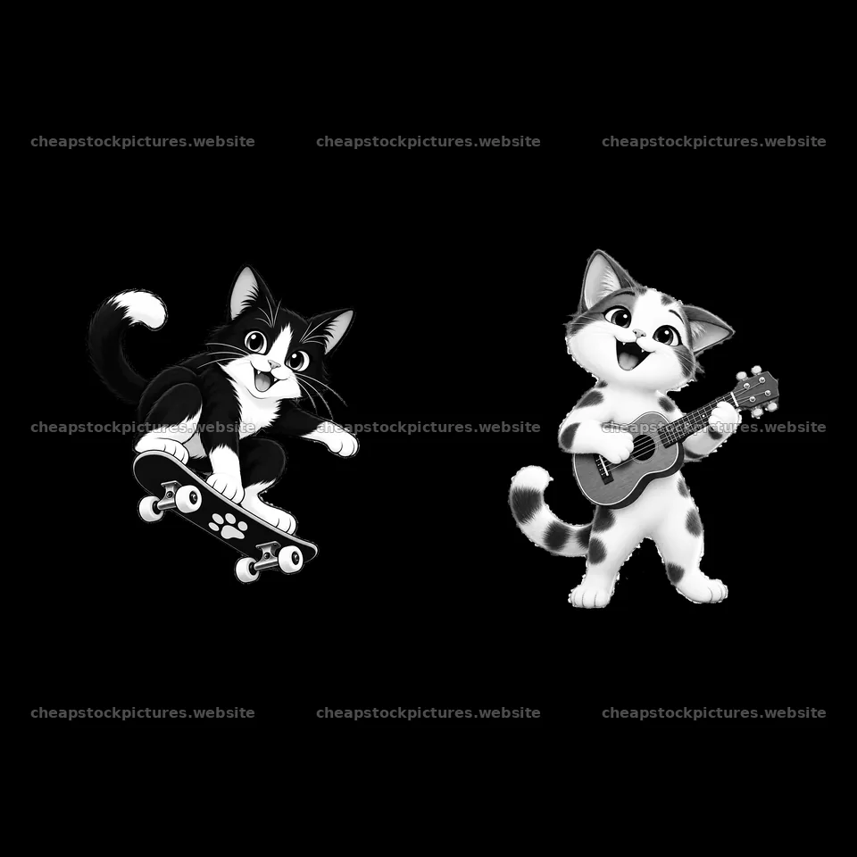 Two cartoon cats skateboarding and playing guitar – stock pictures 7746x7746