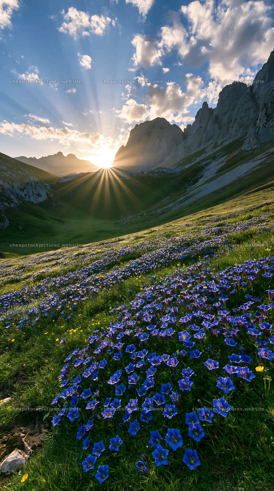 Sunrays shining over Picos de Europa meadow filled with flowers – stock pictures 5938x10608