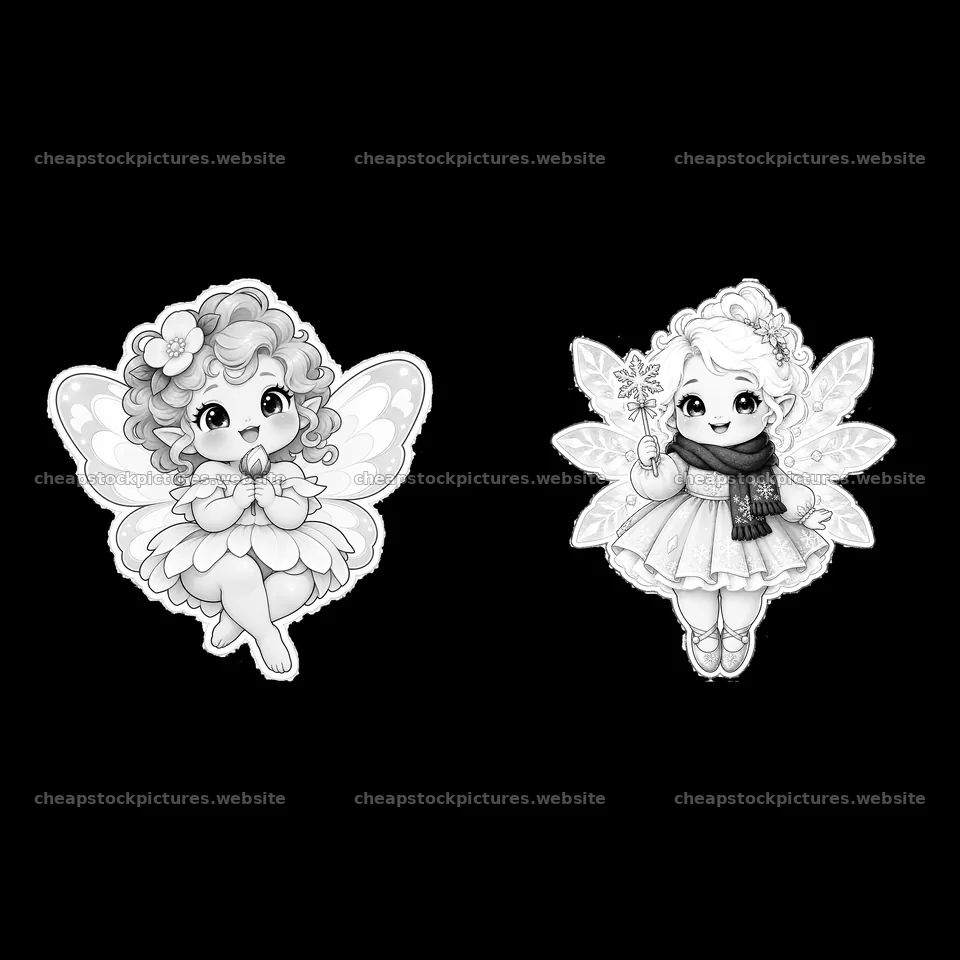Kawaii chubby fairies with wings and accessories in monochrome – stock pictures 7746x7746