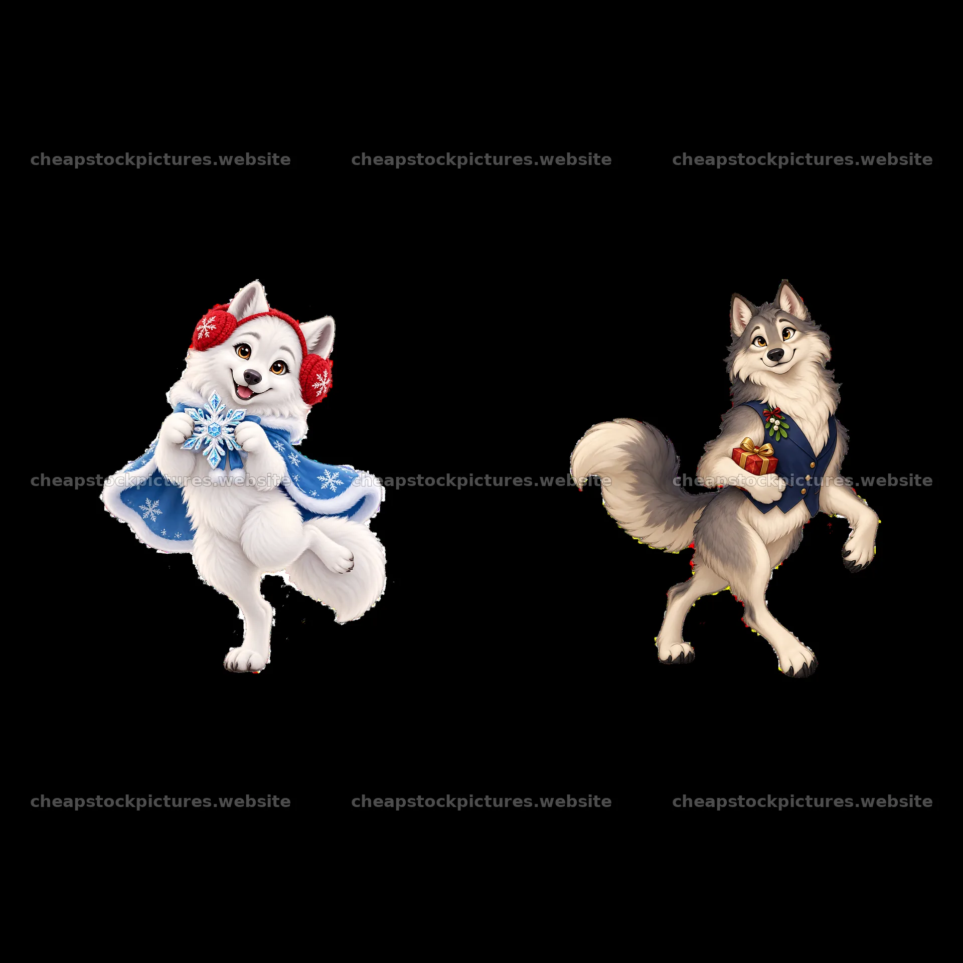Christmas wolf characters in festive attire holding gifts – stock pictures 7746x7746