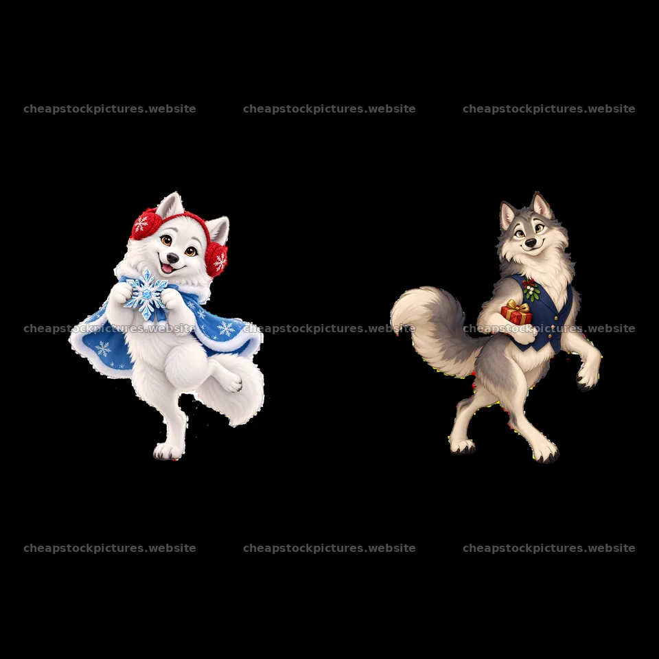 Christmas wolf characters in festive attire holding gifts – stock pictures 7746x7746
