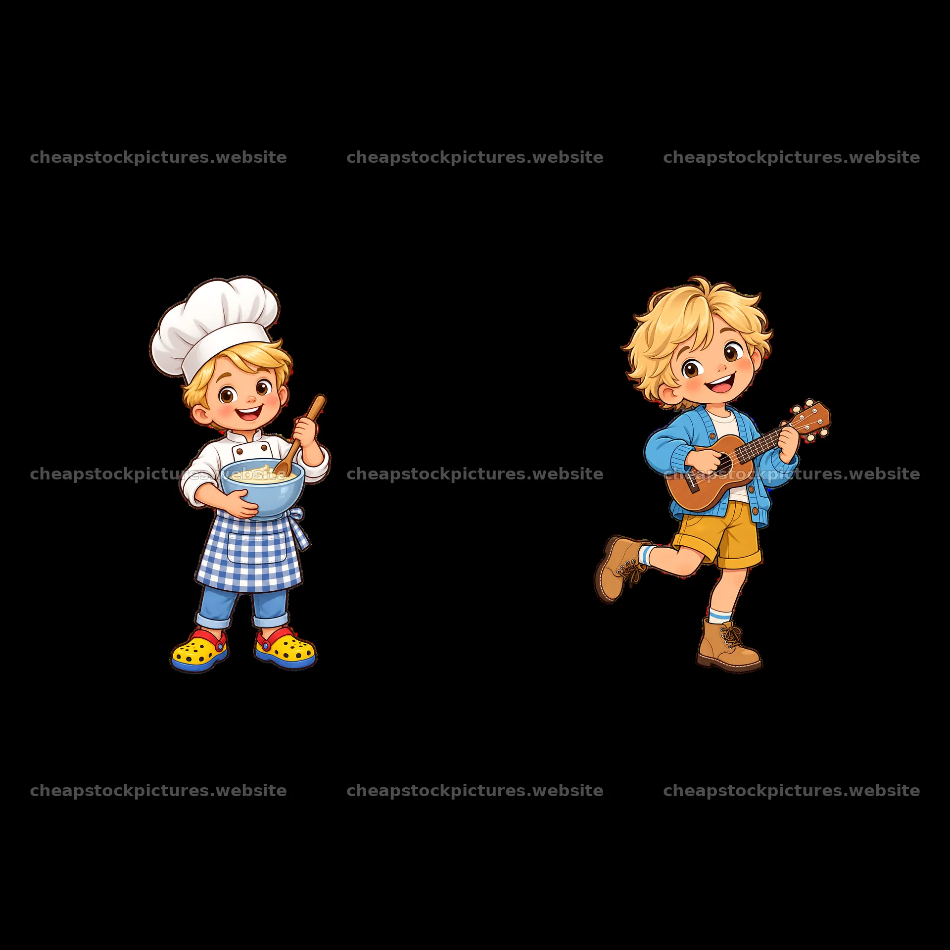 Blond child chef mixing batter and child musician playing guitar – stock pictures 7746x7746