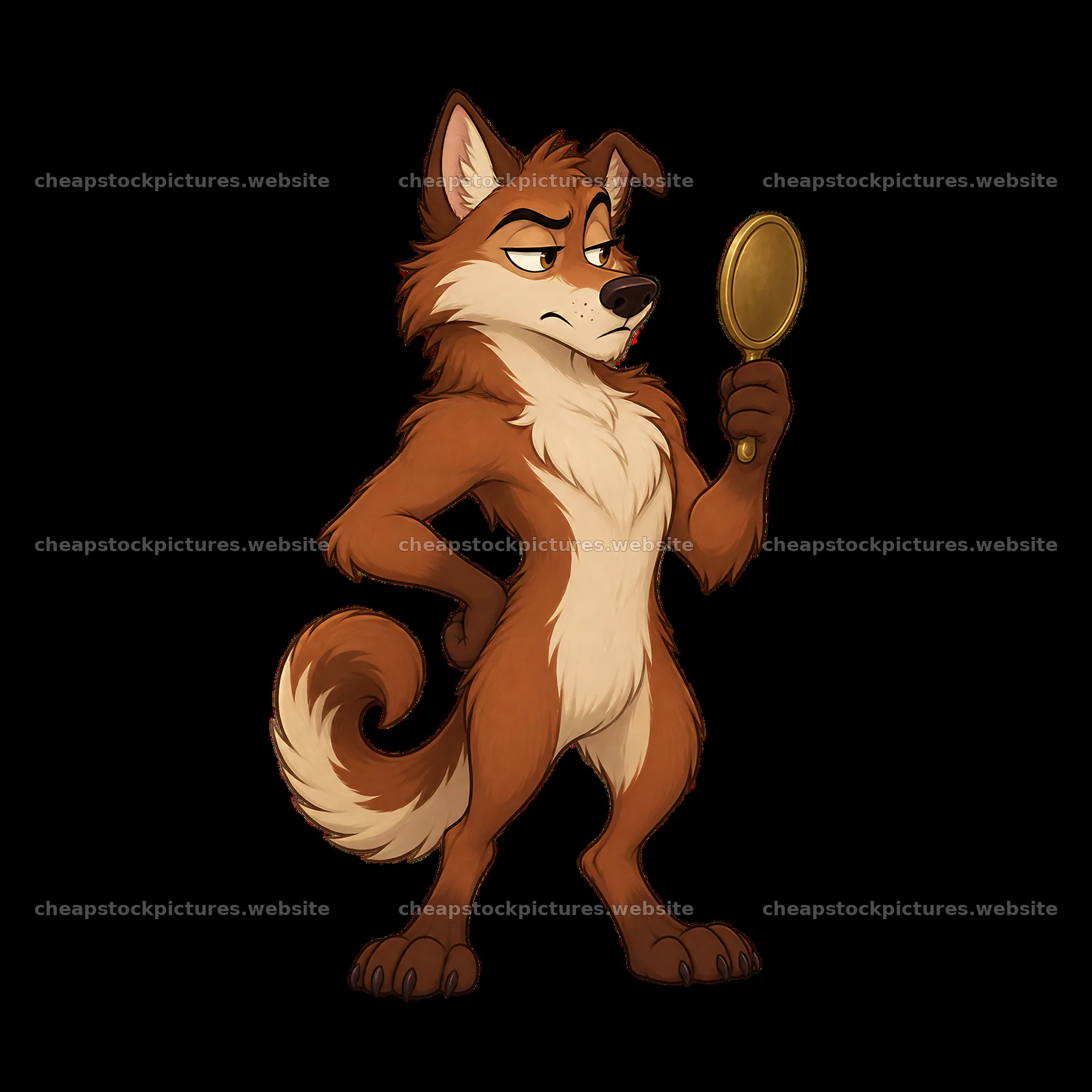 Grumpy wolf holding a mirror with a smug expression – stock pictures 7746x7746