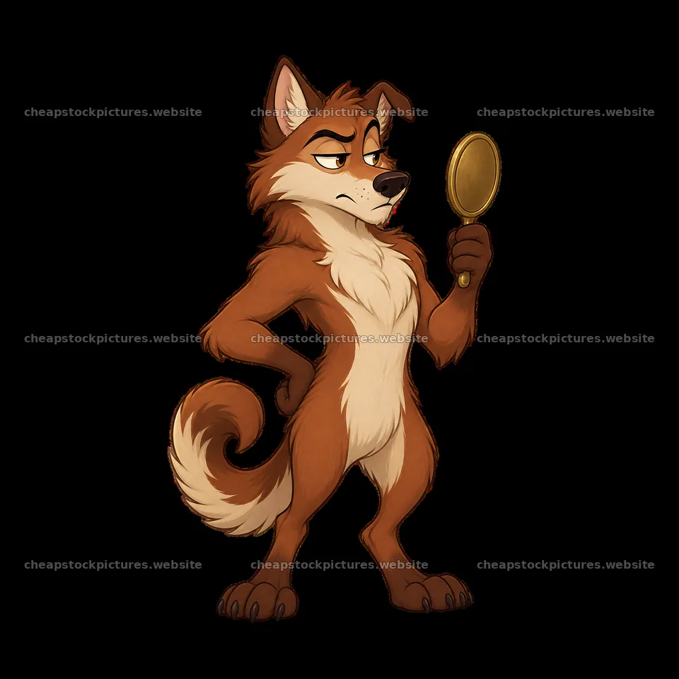 Grumpy wolf holding a mirror with a smug expression – stock pictures 7746x7746