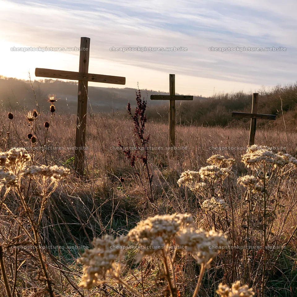 Three rustic crosses in a meadow at Christmas backlight – stock pictures 7938x7938