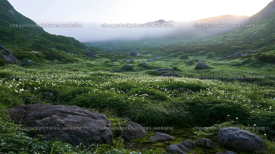 Toyama alpine meadow snowmelt rock foreground with green landscape – stock pictures 10608x5938